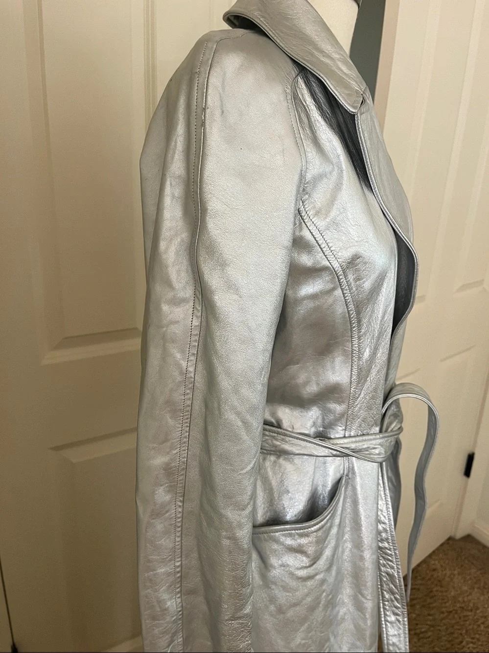Michael Kors Silver Metallic Leather trench coat.  Size 8